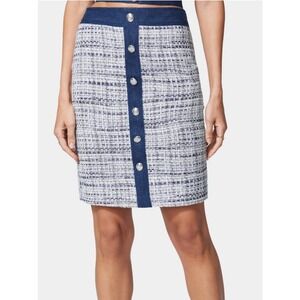 Bebe Tweed & Denim Tailored Button Front Pencil Skirt Women's Blue White Size 0